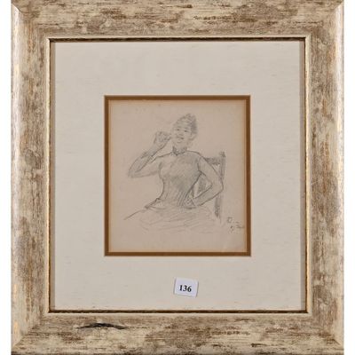un dessin représentant une femme assise sur une chaise, dans un cadre