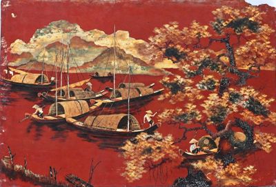 a painting on the wall of a boat with people on it
