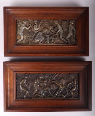 deux plaques en bois représentant la bataille d'Achille et Achille