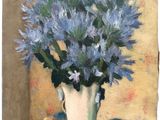 a painting of blue flowers in a white vase on a table