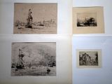 several old black and white pictures of ships in the water