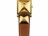 brown leather watch strap with gold plated buckle