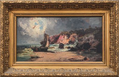 an image of a painting of a rocky beach with a boat in the water