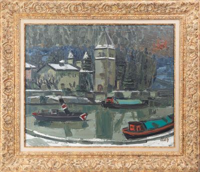 an oil painting of boats on a river with a castle in the background