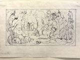 un dessin représentant un groupe de personnes dans une forêt
