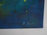 an oil painting of a blue and green painting on a white wall