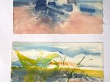 two watercolor paintings of a boat on the beach