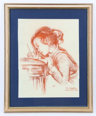 un dessin représentant une jeune fille en train d'écrire à son bureau