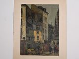 painting of a street scene with a horse drawn carriage in front of a building