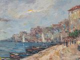 a painting of people walking on the beach near the water