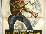 une vieille affiche de cinéma représentant un homme tenant un pistolet devant une pièce de monnaie