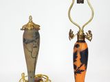 pair of art deco table lamps with a black and orange design