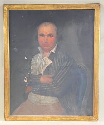 portrait of a man in a blue coat and white shirt with a black shawl around his neck