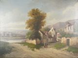 un tableau représentant un homme et une femme marchant sur une route