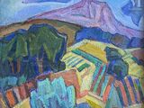 an oil painting of a mountain with a few trees and hills in the background