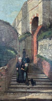 a painting of two people and a dog standing on a set of stairs