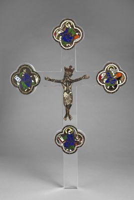 Christ en bronze avec les quatre évangélistes en émail, d'ap…