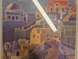 painting of a view of a town with a church in the background