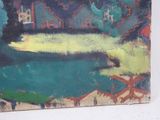 a painting on the wall of a house with a pond in it
