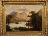 une image représentant un tableau d'un lac avec une montagne en arrière-plan