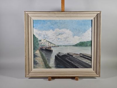 Ecole du XXe siècle. Les quais de Conflans. Huile sur carton toilé non