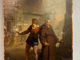 painting of two men standing next to each other in front of a building