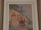 painting of a water fountain in front of a building with a windmill in the background