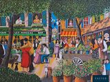 painting of a street scene with people and a horse drawn carriage in the foreground