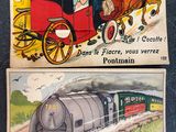 deux vieilles cartes postales représentant un train et une calèche