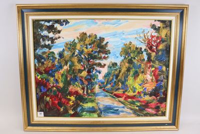 painting of a road with trees and flowers in a gold frame