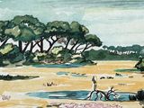 a painting of a man standing in the middle of a field