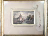 framed picture of a painting of a city with a church in the background