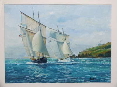 tableau représentant deux voiliers en mer, avec un phare en arrière-plan