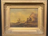 an old painting of a man riding a horse in a mountainous landscape