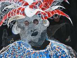 un tableau représentant un singe coiffé d'un chapeau rouge et blanc