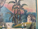 a picture of a painting of people walking down the street