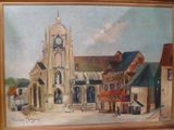 un tableau représentant une église sur laquelle figure une horloge