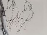 drawing of two horses running in a line next to a tree
