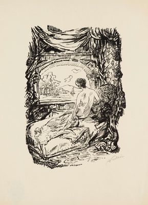 un dessin en noir et blanc représentant un homme assis sur un lit