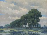 peinture représentant un paysage avec des arbres et un plan d'eau au premier plan