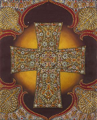 une peinture représentant une croix sur un fond rouge et jaune