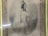 une vieille photo d'une femme en robe de mariée, dans un cadre doré