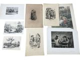 six antique prints of people and animals in various poses