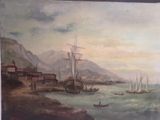 une peinture sur le mur d'un immeuble représentant des bateaux sur l'eau