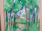 a picture of a painting of a path in the woods