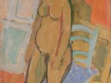 une peinture à l'huile représentant une femme debout devant une chaise