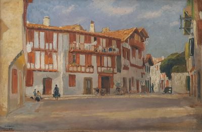 painting of a street scene with buildings and people walking on the sidewalk