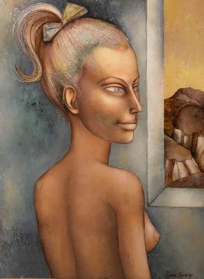 une image représentant un tableau où l'on voit une femme regardant par la fenêtre