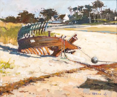 a painting of a boat on the beach by the water