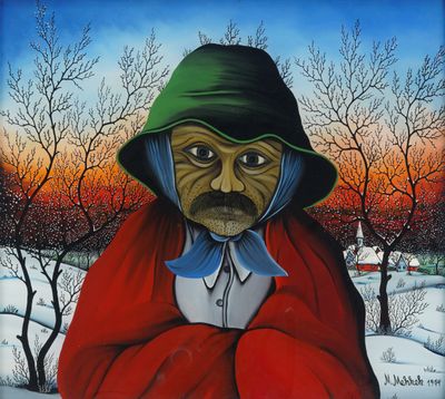 painting of a man in a red coat and green hat in the snow